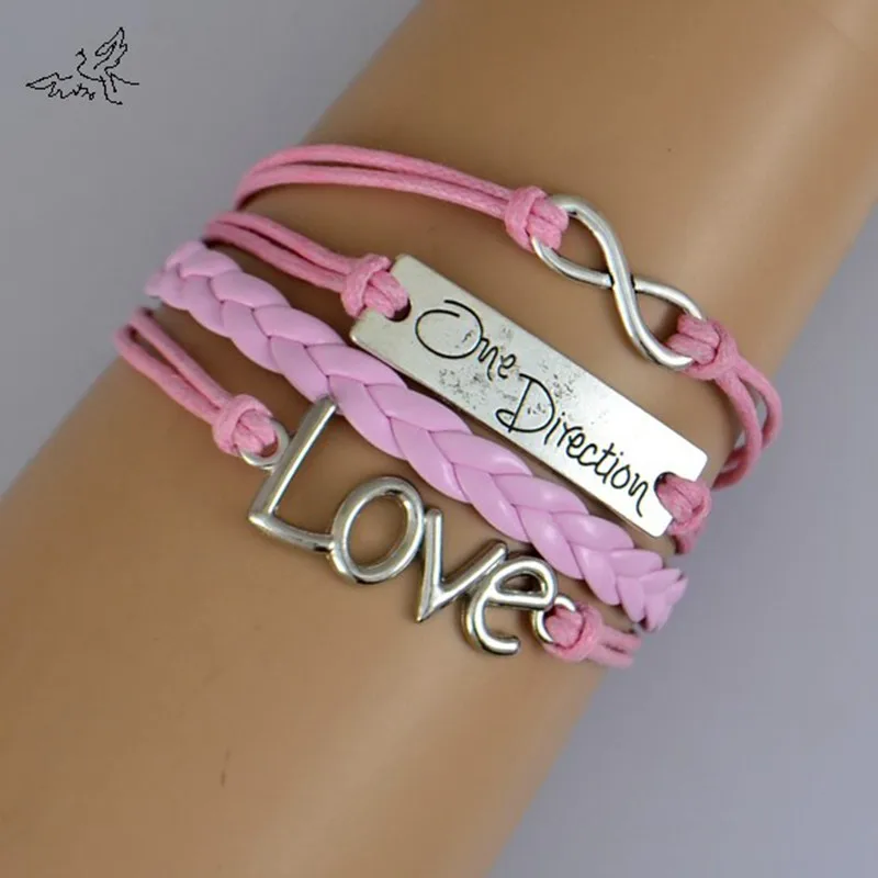 Fascino Laterale Argento Antico I Love 1D Superstar Infinity Intrecciato Bracciale In Pelle Rosa Braccialetti Regalo