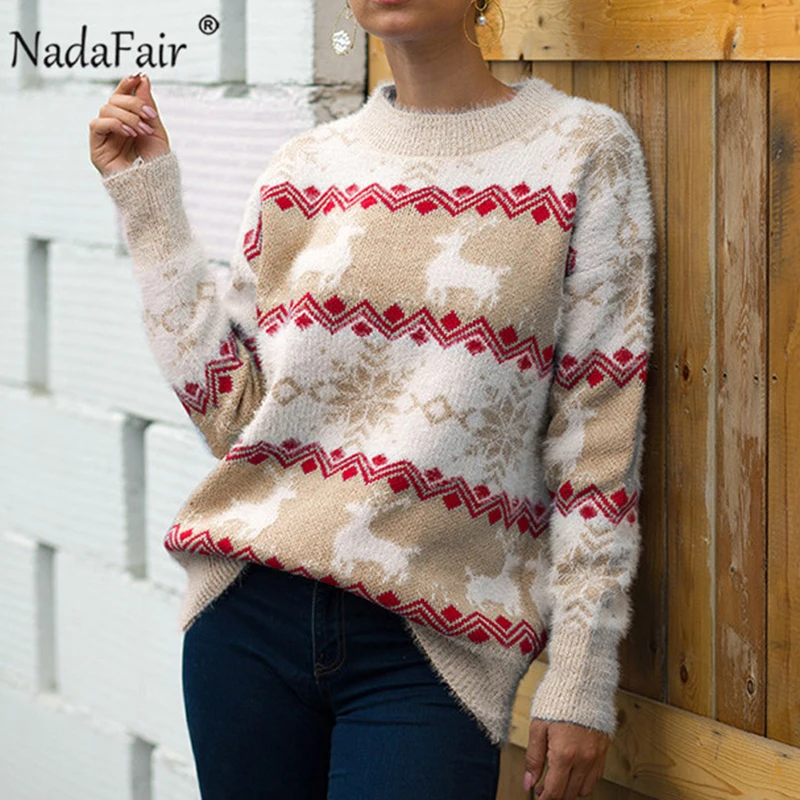 Хаки Nadafair полосатый мохер более размера d Рождественский свитер женский лося с длинным вырезом размера плюс вязаный зимний пуловер Джемпер - Цвет: Хаки