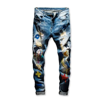 

2020 European Blue men Fashion Brand jeans pants Men slim jeans patchwork embroidery Moto & Biker jeans male pencil pants