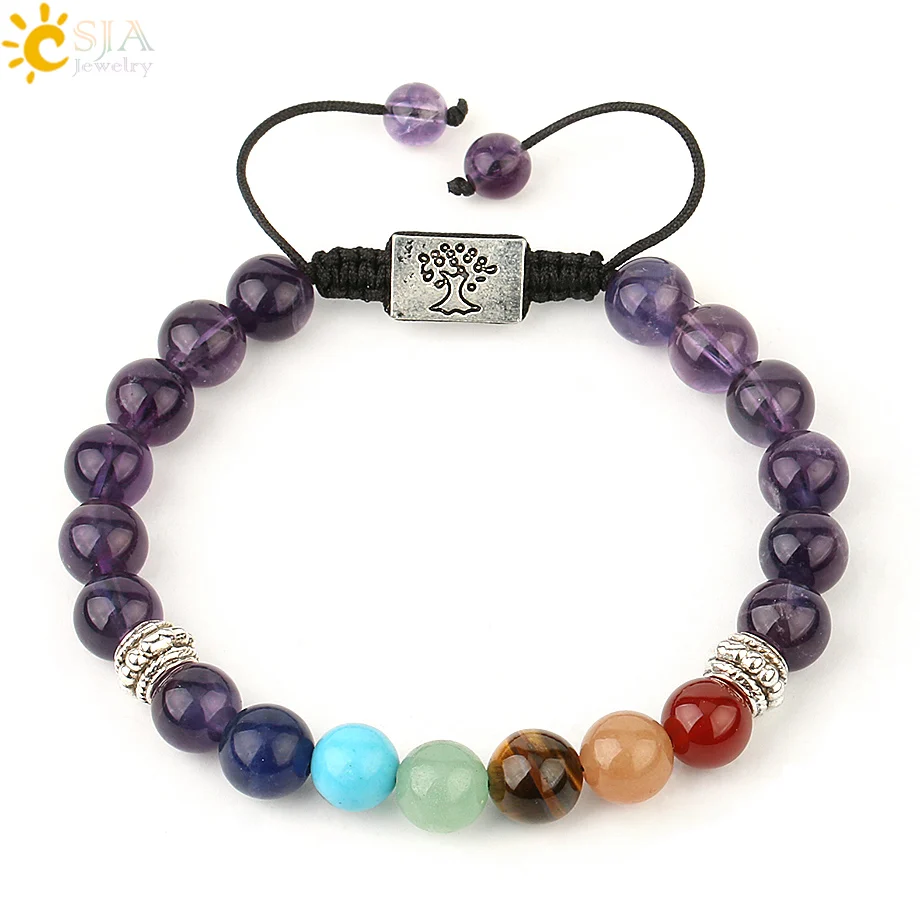 Amethyst Csja Yoga 7 Чакра натуральные камни браслеты с подвесками резные Дерево жизни многоцветные Плетеный веревочный браслет для женщин G204 - Окраска металла: Amethyst