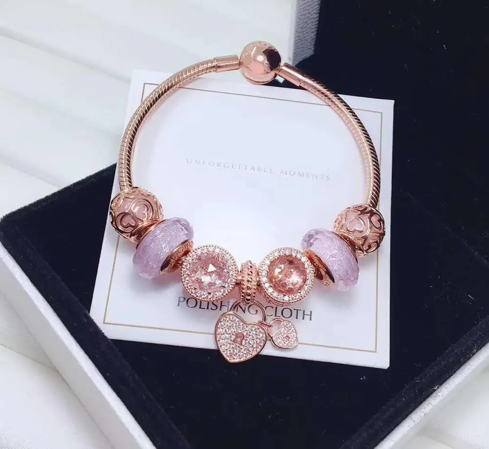 

Keris Store High Quality 1:1 100%925 Sterling Silver Rose Gold Pink Beads Heart To Heart Bracelet Free Shipping