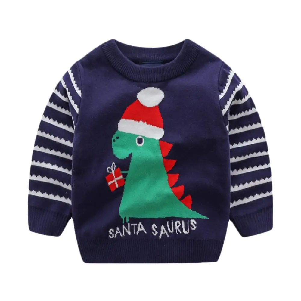Рождественские свитера с динозаврами для мальчиков и девочек зимняя детская одежда, пуловер толстый теплый вязаный свитер хлопковые топы с длинными рукавами для детей от 2 до 8 лет - Цвет: Синий