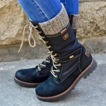 

2020 Women Mid-calf Boots Gladiator Chunky Low Heels Winter Snow Warm Shoes Booties Vintage PU Leather Lace Up Shoe Botas Mujer