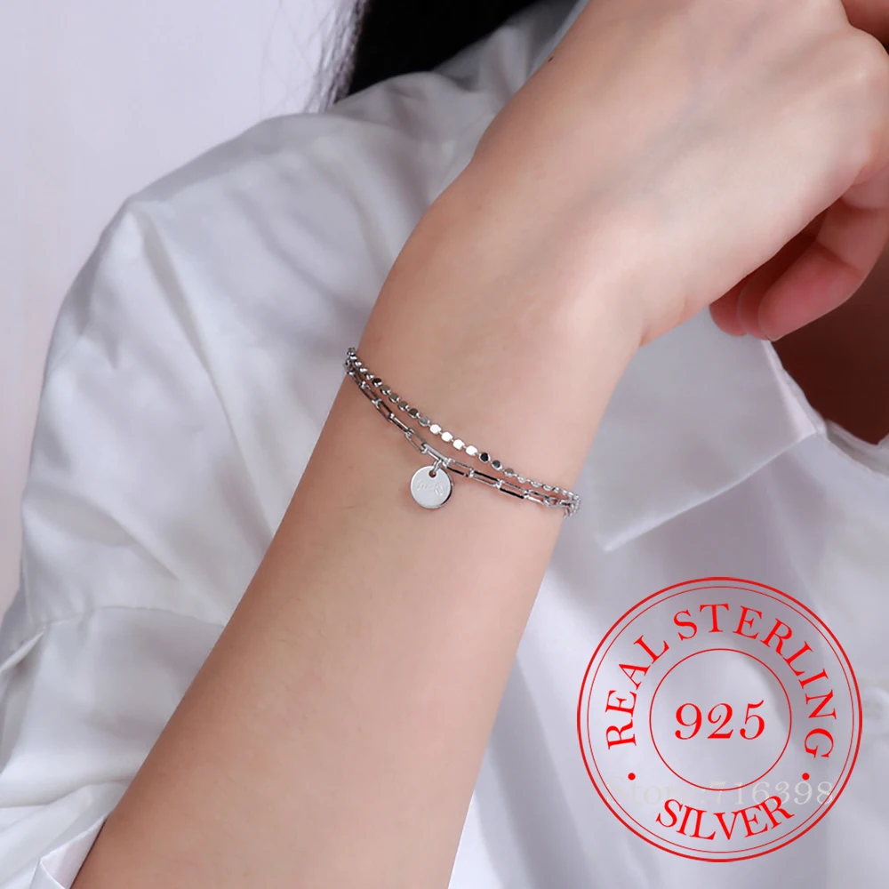 

925 Sterling Silver Bracelets For Women Round Tag Charms Silver Chain Bracelet Pulseira Gift Wedding Lucky Fine Jewelry