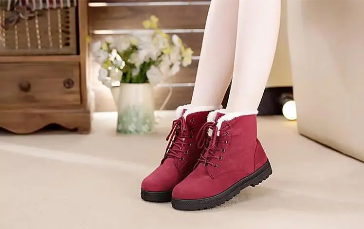 Snow boots warm fur plush Insole women winter boots square heels flock ankle boots women shoes lace-up winter shoes woman