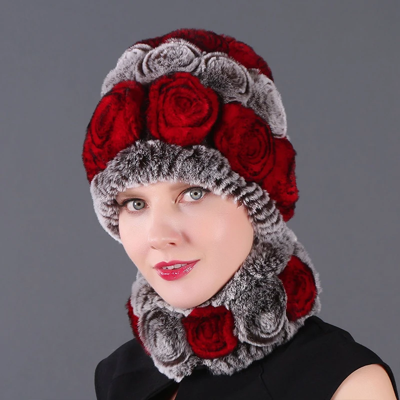 Женская шапка, зимние шапки из искусственного кроличьего меха, цветочные однотонные шапки с черепами, шапки ручной вязки, женские зимние шапки для девочек, рождественские подарки - Цвет: 4