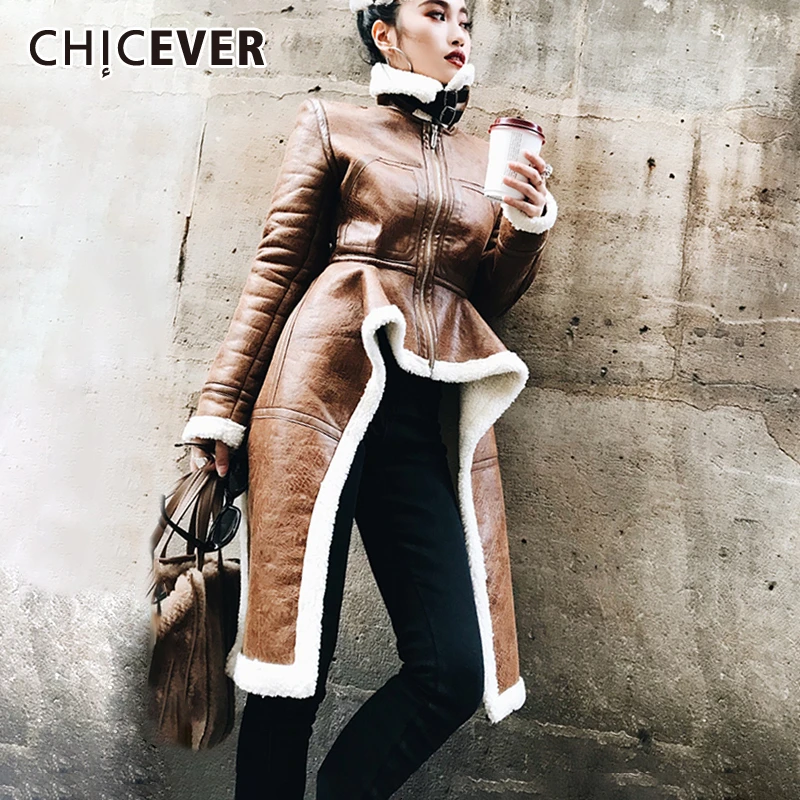 

CHICEVER PU Leather Asymmetric Jacket For Women Turtleneck Long Sleeve Loose Plus Size Women's Coats 2019 Winter Fashion New
