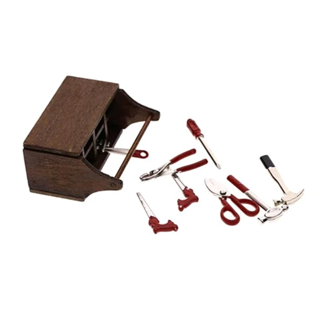 Miniature Wooden Box With Metal Tool Set Collection For 1/12 Dollhouse Decoration 2