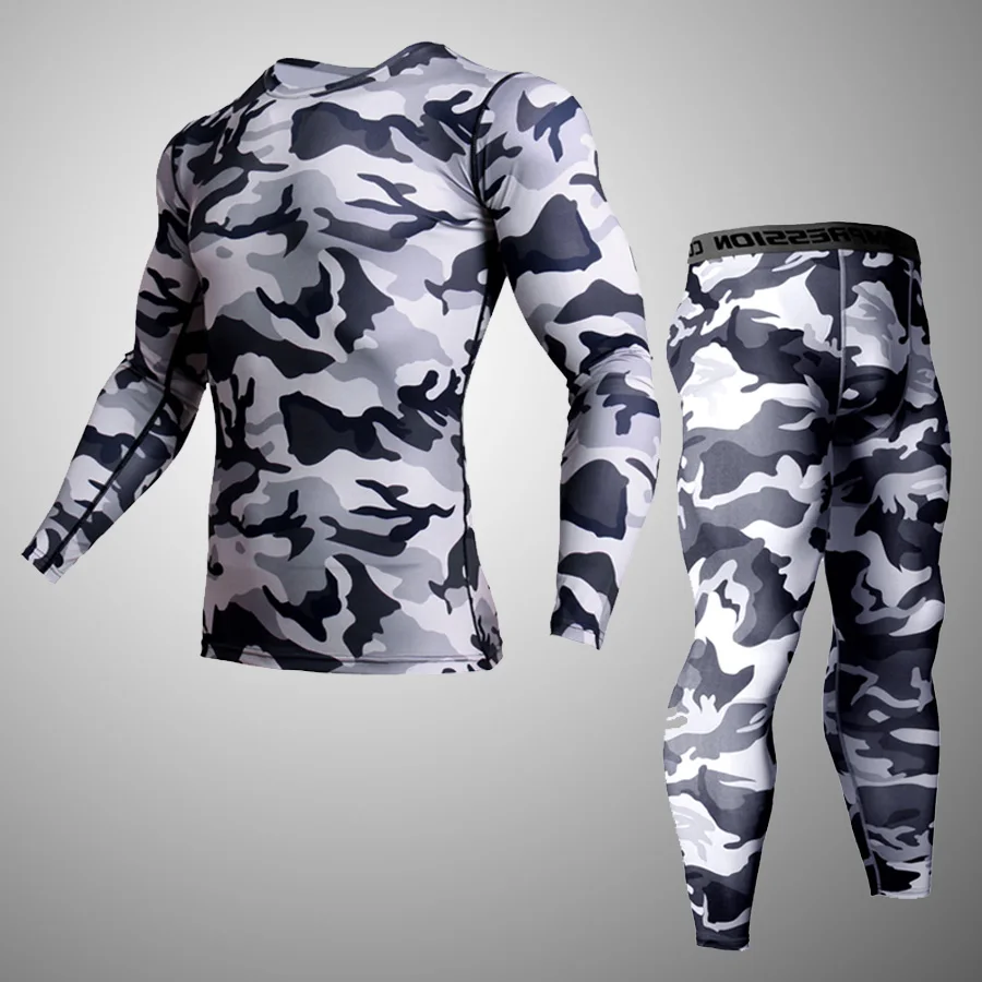 Мужская компрессионная спортивная одежда быстросохнущая впитывающая влагу ММА Тренировка Фитнес Спортивная одежда для бега футболка+ обтягивающие штаны - Цвет: gray