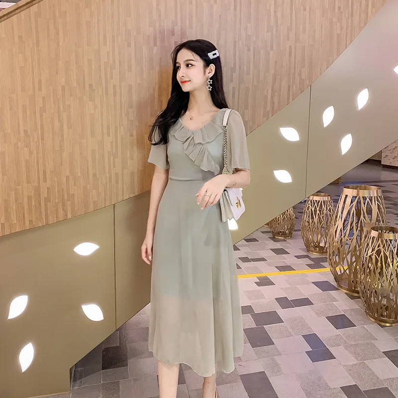 

France Non-mainstream Platycodon Grandiflorum Skirt New Style Summer Retro over-the-Knee Dress Chiffon Dress Women's