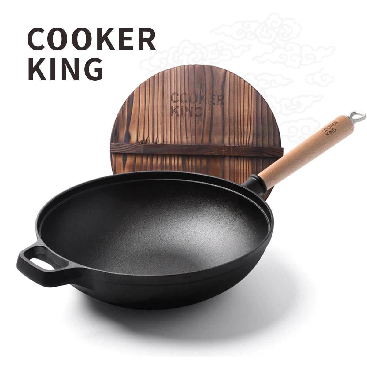 Cooker King Cast Iron Wok Stirfry Wok Pan With Wood Lid Handle