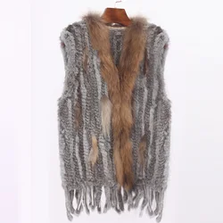 ETHEL ANDERSON Womens Handmade Knitted Gilet Real Farm Rabbit Fur Vest/Top Lady Warm Raccoon fur Collar Vtg Tassels Wholesale