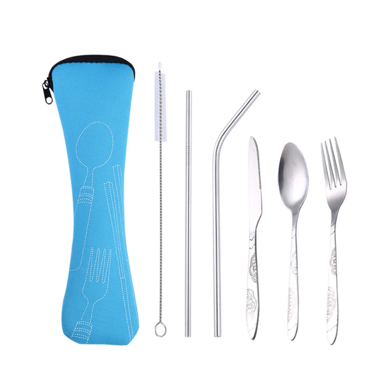 Light Blue Hifuar 6Pcs/set Portable Stainless Steel Flatware Set Flower Fork Dinner Tableware Set Cutlery Case Kit Camping Travel Utensils - Цвет: Light Blue