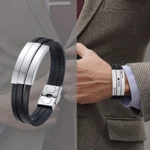 Тройной сложенный черный кожаный браслет для мужчин гравируемый браслет ювелирные изделия