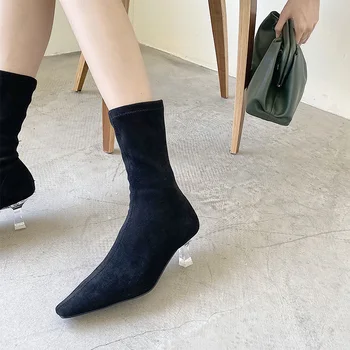 

2020 Stretch Flock shoes Women Ankle boots Autumn Winter Comfortable triangle Heeled Office Lady Shoes High heels Sock Boots