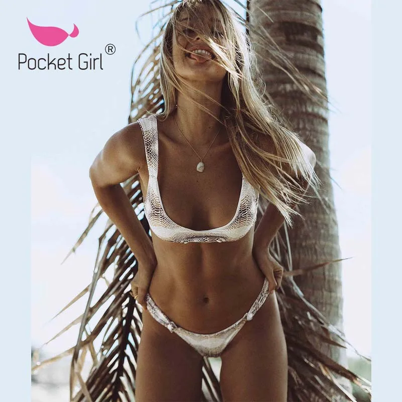 

2019 Push Up Biquini Women Bandage Swimwear Female Padded Swimsuit Bikini Set snake Print Bather Bandeau Bathing Suit Biquini