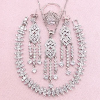 

Crystal 925 Silver Jewelry Sets For Women White Earring Bracelet Pendant Necklace Ring Wedding Jewelry Christmas Gift