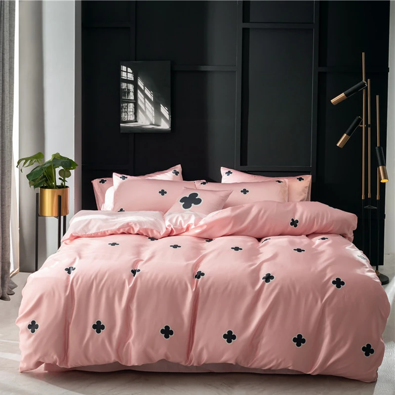 

Washed Silk Pure Cotton 4pcs Bed Set Duvet Cover Flat Fitted Bed Sheet Pillowcases Pink Four-leaf Clover Red Yellow Green