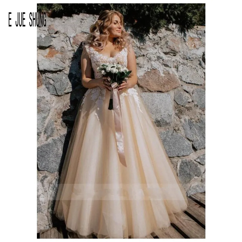 

E JUE SHUNG 2020 Champagne Wedding Gowns Square Neck Lace Appliques Button Back Sleeveless Bridal Gown vestido de noiva