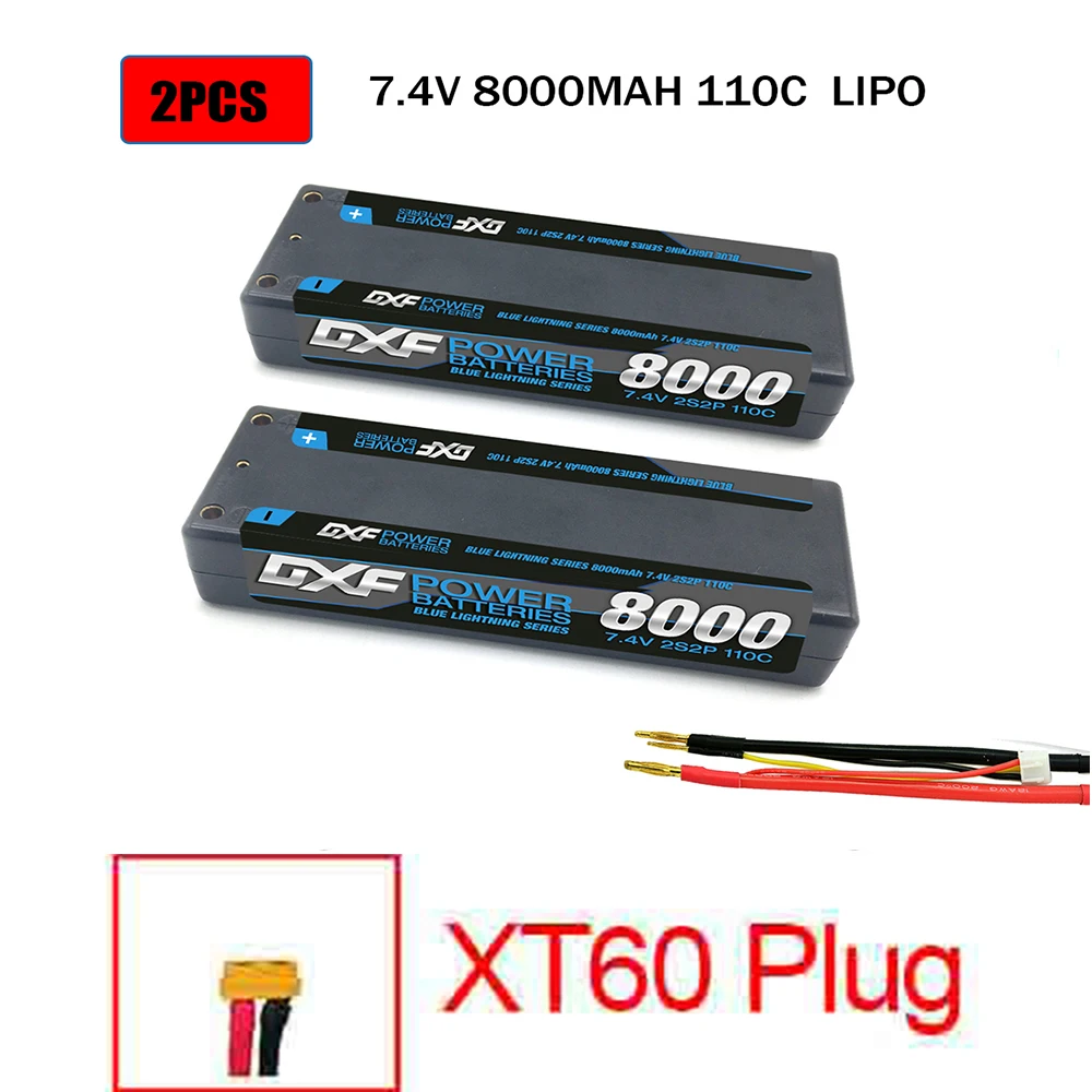 2PCS2S8000mahXT60 DXF 2 шт.-полимерным аккумулятором RC Lipo 2S 7,4 V 5200 мА/ч, 6200 мА/ч, 6500 мА/ч, 8000 мА/ч, 50C 100C 120C 240C 4,0 мм на колесиках для Слэш 4X4 автомобиля - Цвет: 2PCS2S8000mahXT60
