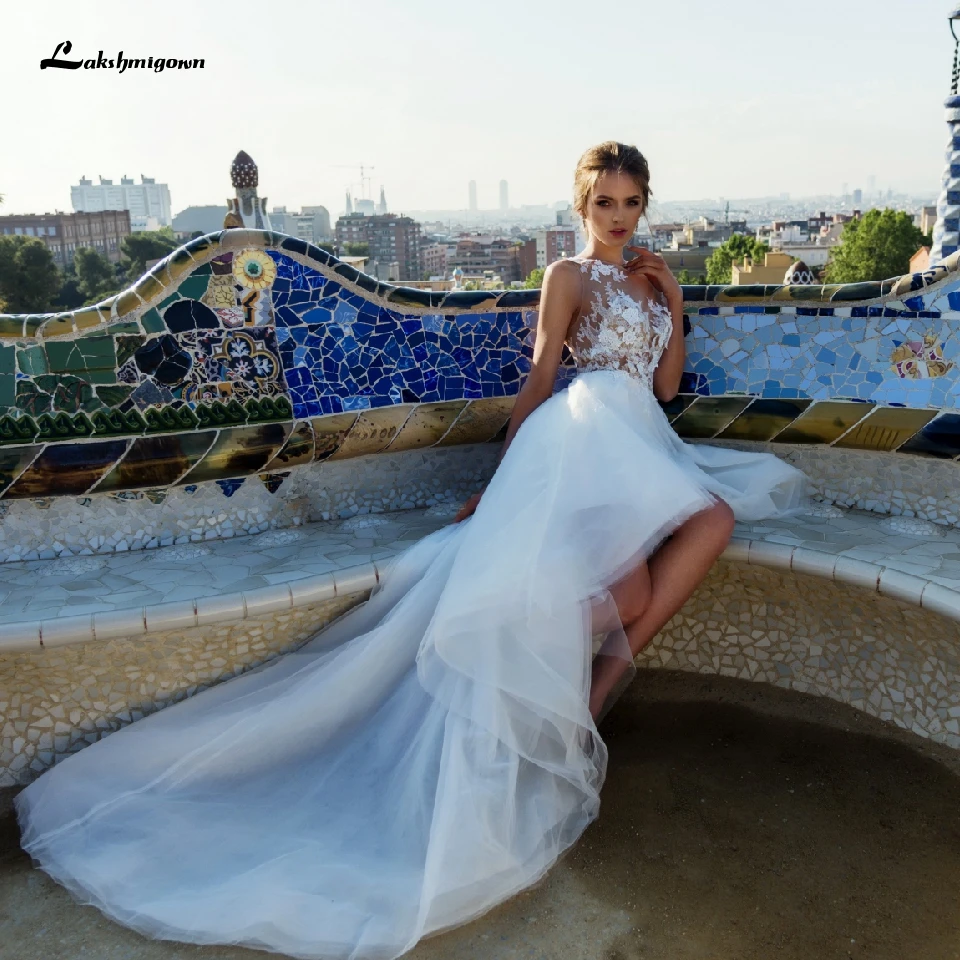 

Lakshmigown Short Front Back Long Elegant Bridal Dress High Low Wedding Dresses Beach 2020 Sheer Lace Appliqued Vestiti da Sposa
