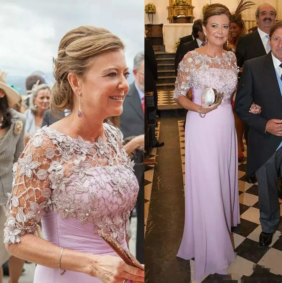 

Elegant Lavender Chiffon Mother of the Bride Dresses For Weddings Lace Appliqued Half Sleeve Mothers Of The Groom Formal Evening