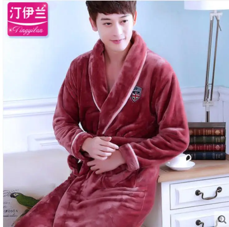 Winter Men's Bathrobe Nightgow Thick Warm Coral Fleece Bath Robe Mens Kimono Dressing Gown Male Homewear Sleepwear Nightwear - Цвет: 012