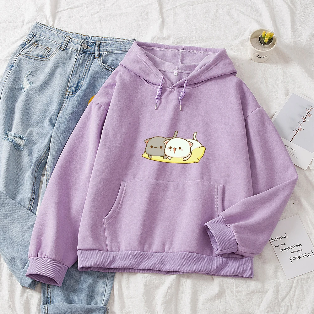 

Women Cartoon Cat Printed Hoodies Harajuku Sweatshirt Kawaii Korean Style Oversized Women Cotton Hoodie Winter Female