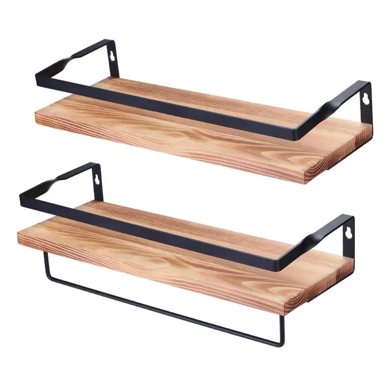 2PC Wooden Iron Wall Shelf Wall Mounted Storage Rack Organization For Kitchen Bedroom Home Decor DIY Wall Decoration Holder - Цвет: Shallow Wood