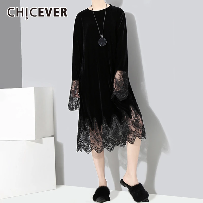 CHICEVER лоскутное кружевное женское платье с круглым вырезом и длинным рукавом