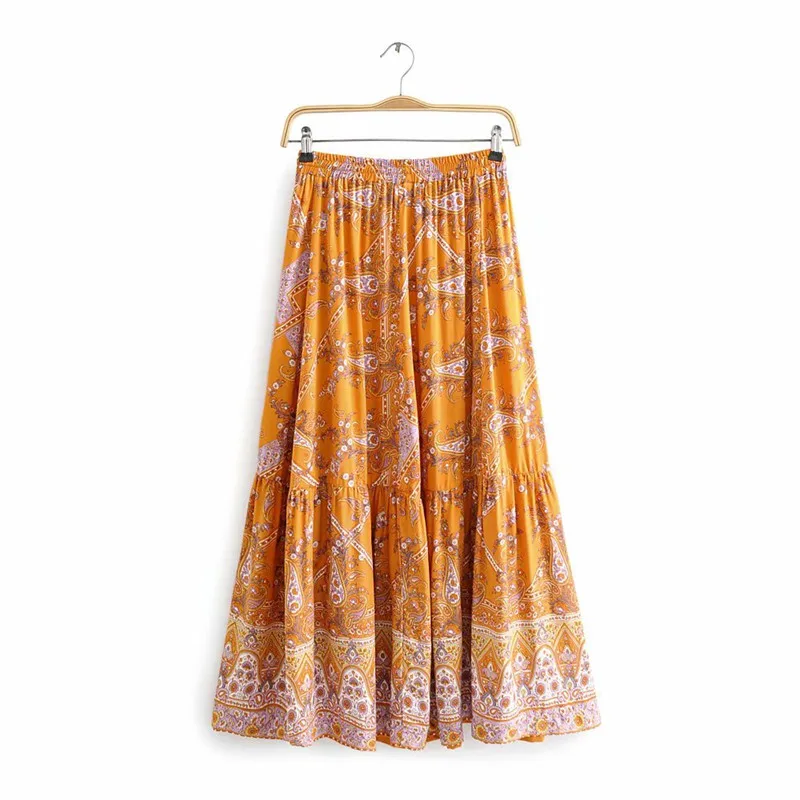 Everkaki, длинные юбки для женщин, цветочный принт с кисточками, в стиле бохо, пояс с эластичной резинкой на талии, Этнические женские винтажные юбки, женские юбки, новинка