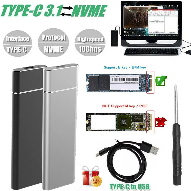 

New M.2 NGFF to USB 3.1 Type-C SATA SSD Hard Disk Converter Adapter Enclosure Case 10Gbps