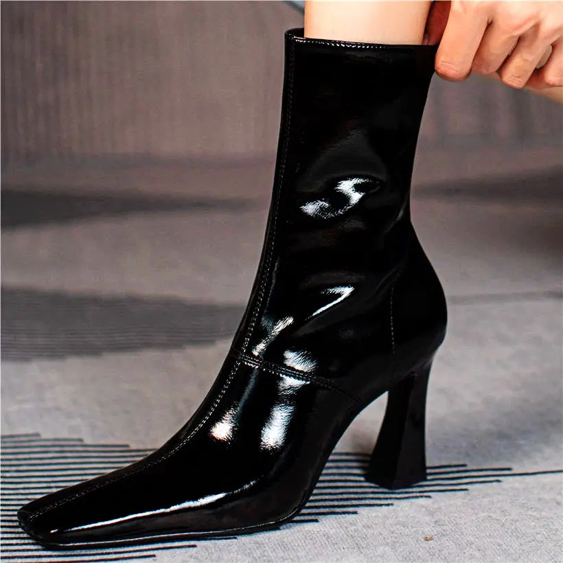 

Sexy Party Pumps Women's Cow Leather Ankle Boots Square Toe Slim High Heels Elegang Shoes Punk Goth 34 35 36 37 38 39 40
