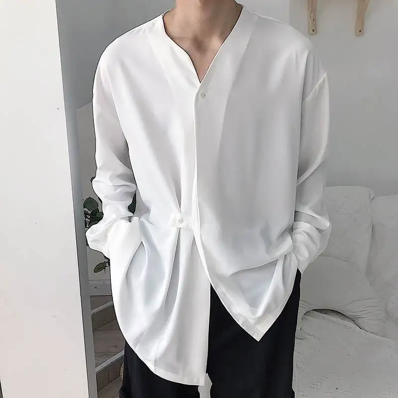 New Hot Sale Men Shirt Solid Color Clothing Casual Fashion Tops A Buckle Cardigan Long Sleeve Korean Version Loose For | Мужская одежда