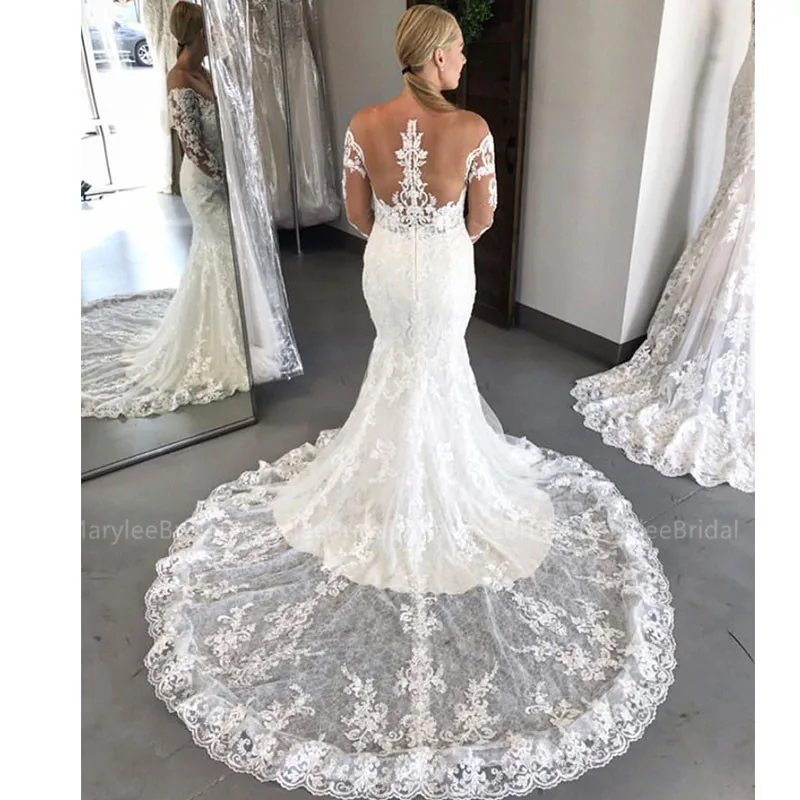 Vestido de noiva кружевные свадебные платья с длинными рукавами Тонкий Вырез свадебное платье с аппликациеми Русалка Часовня Поезд невесты платья