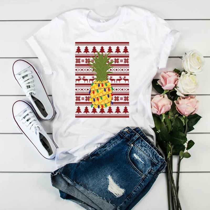

Women Lady T Shirt Pineapple Christmas Printed Tshirt Ladies Short Sleeve Tee Shirt Women Female Tops Clothes Graphic T-shirt