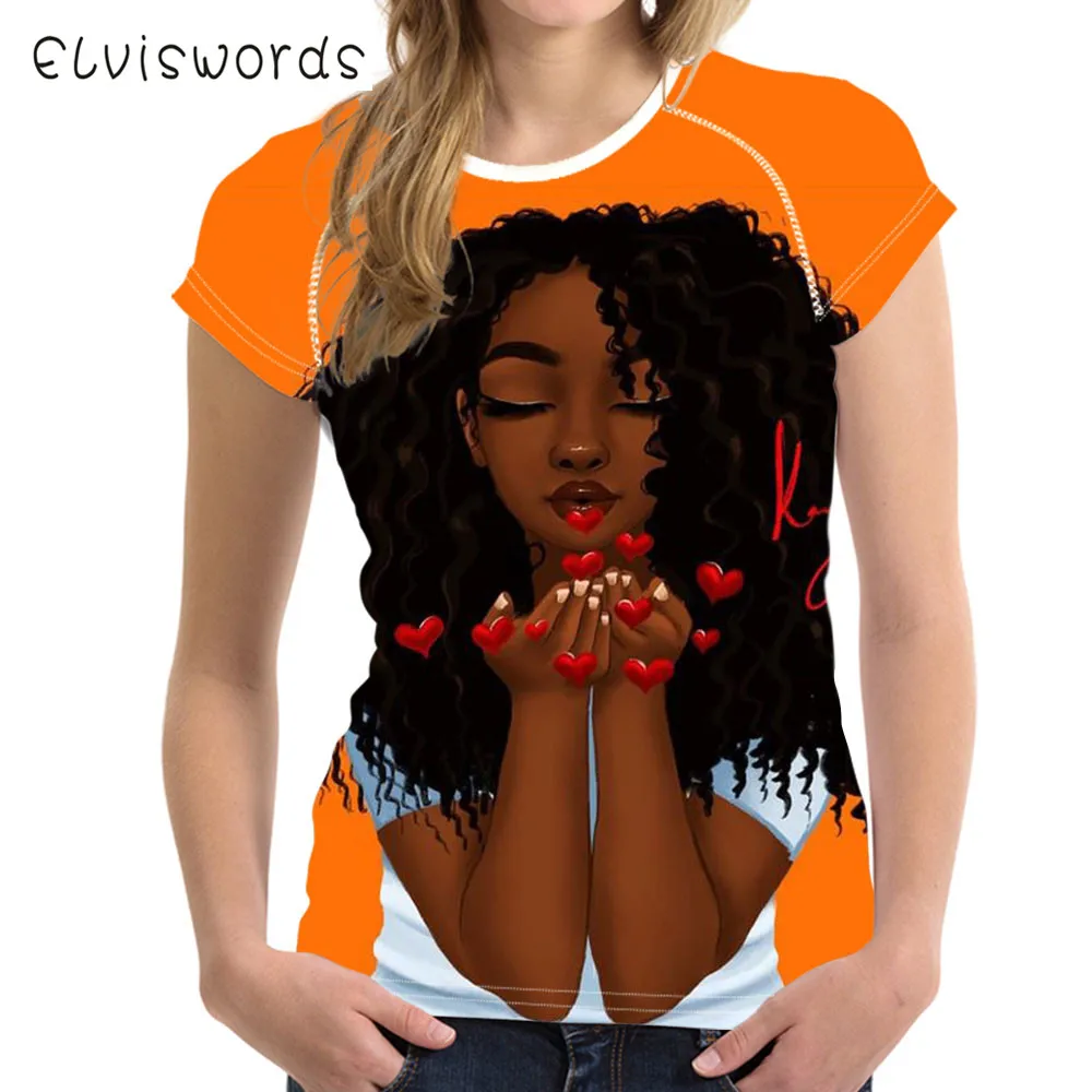 

ELVISWORDS Women T Shirt African Black Girls Print Femme Casual Short Tops Tee Shirt Harajuku Vintage camiseta mujer 2019