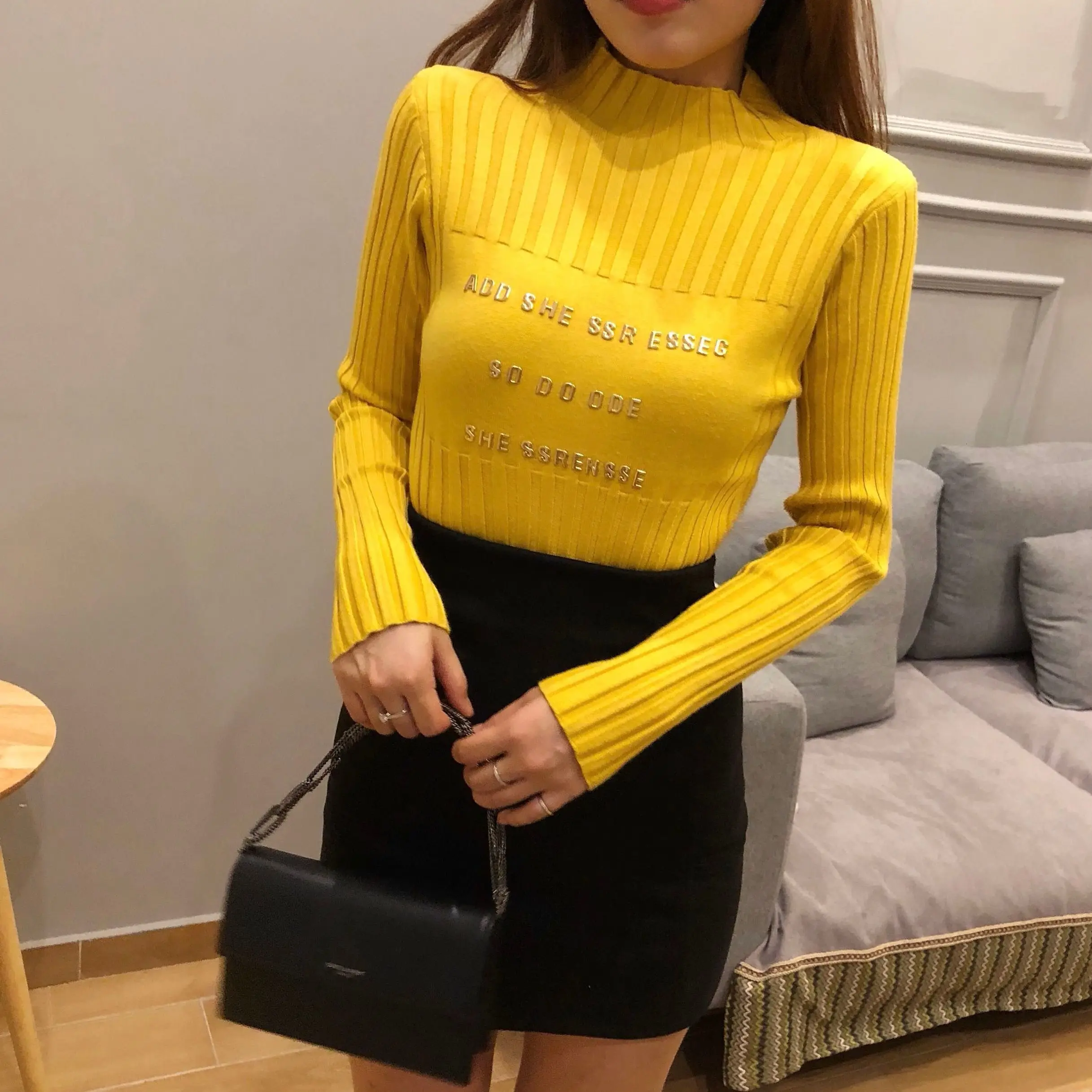 sweater woman Модный свитер с высоким воротом, длинный рукав, с буквенным принтом, вязаный свитер, Женский плотный свитер Harajuku, женские топы - Цвет: sweater woman