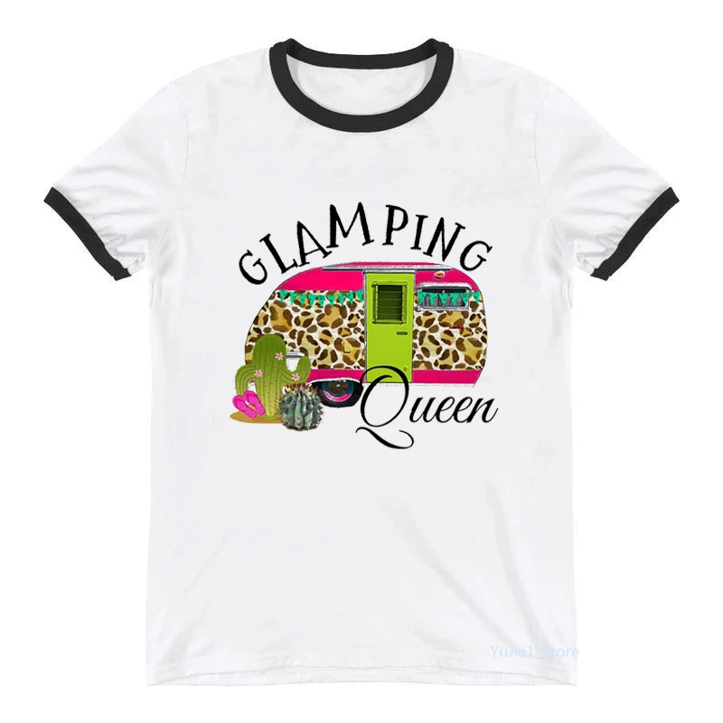 

Women Tshirts Glamping Queen Leopard Graphic T Shirt Femme Cactus Travel Female T-Shirt Harajuku Shirt Streetwear Tops