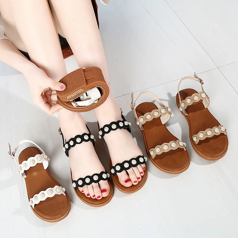 

2915 Hot Selling WOMEN'S Sandals Rubber Sole Soft Bottom Is Comfortable And Casual Anti-slip Pearl-Style STUDENT'S Shoes Large S