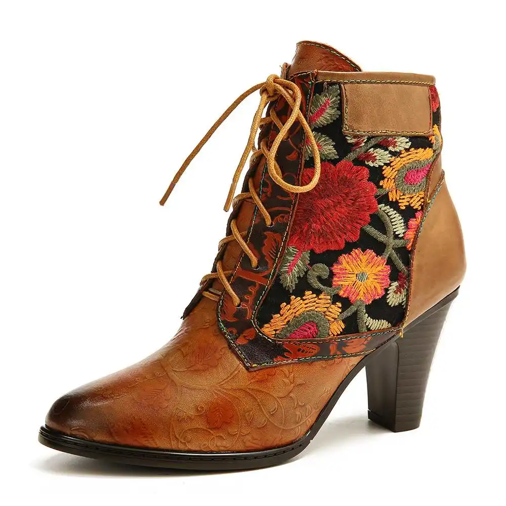 SOCOFY/ботинки из натуральной кожи в стиле ретро; женские кожаные ботинки на высоком каблуке со шнуровкой и вышивкой; элегантная женская обувь; - Цвет: Orange