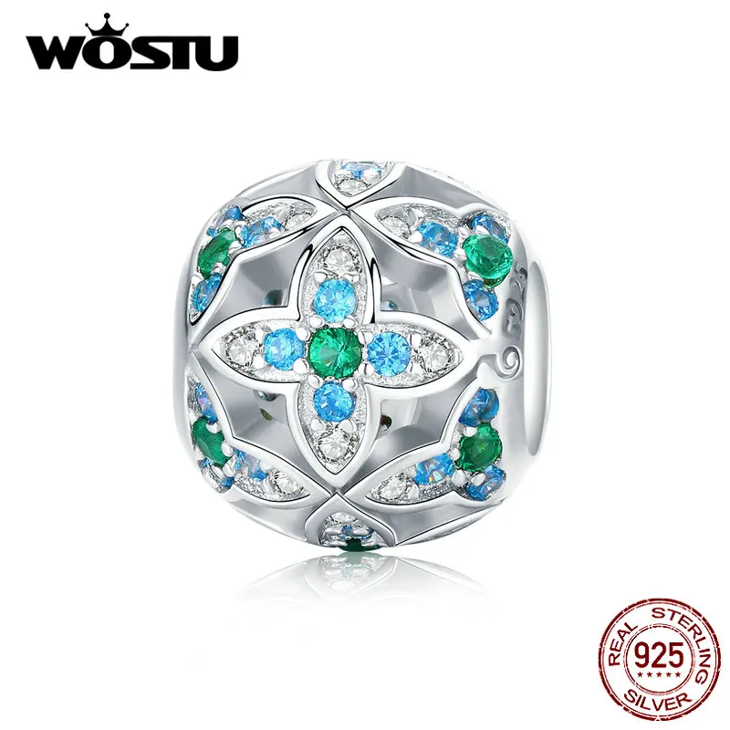 

WOSTU Hot Sale 925 Sterling Silver Green Flower Round Beads Zircon Charm Fit Original Bracelet Pendant Luxury Jewelry BNC115