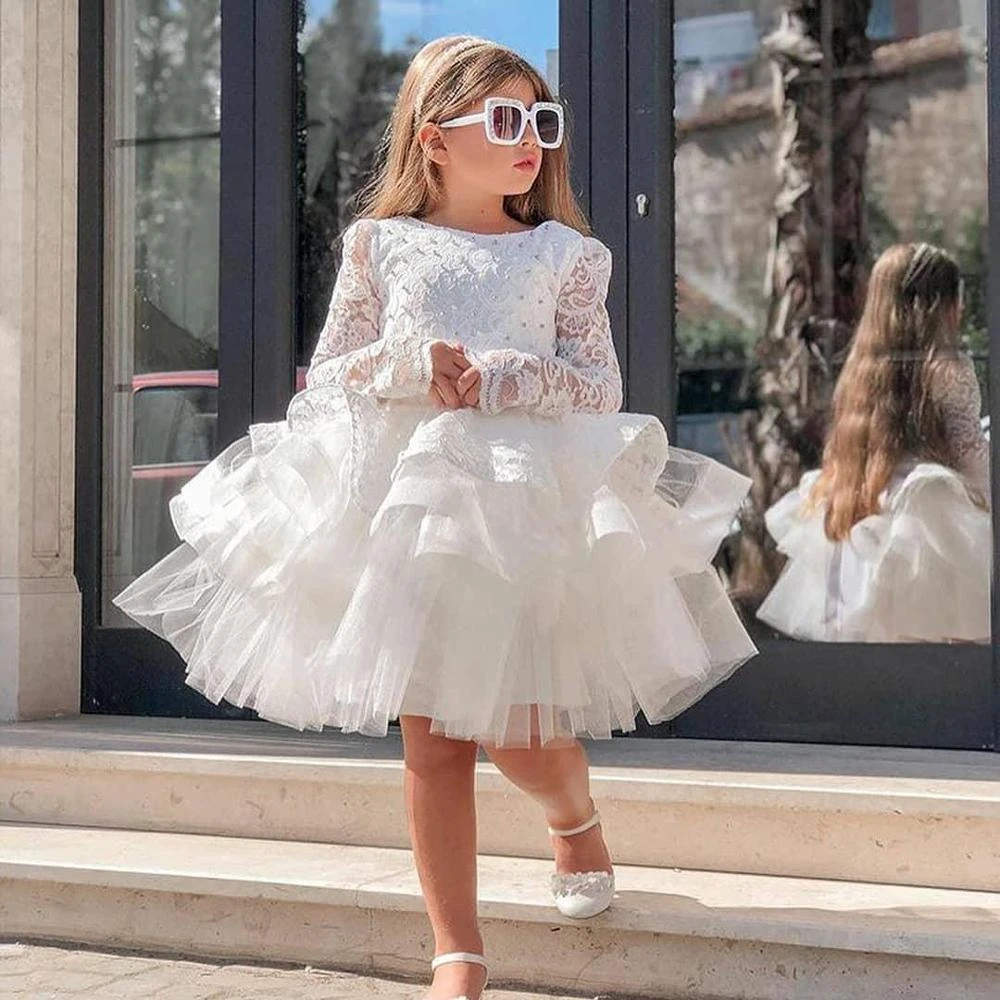 afdeling geeuwen arm Witte Lange Mouw Meisjes Jurken Puffy Tule Bloem Meisje Jurk Kinderen  Kleding Kinderen Verjaardag Gown Fotografie|Jurken| - AliExpress