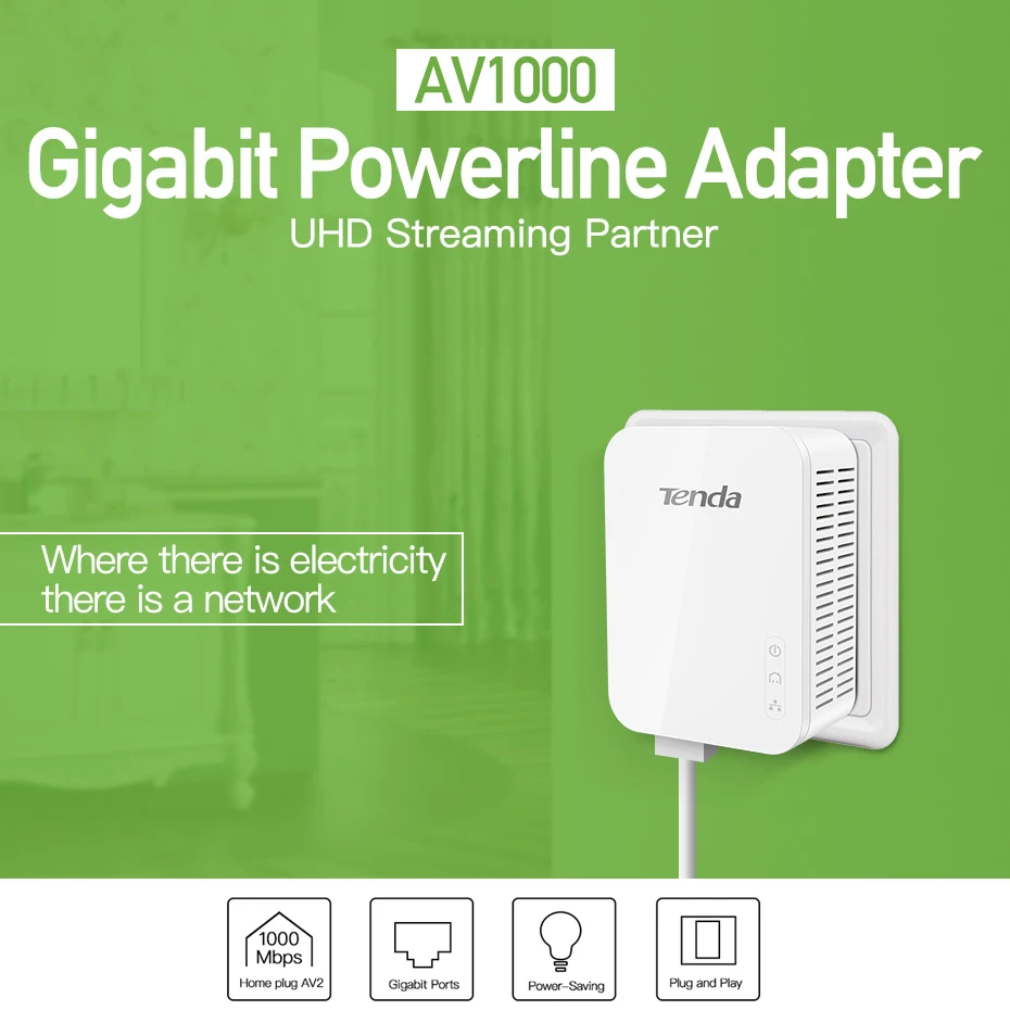 Tenda AV1000 1 пара гигабитный адаптер Powerline до 1000 Мбит/с PH3 Ethernet PLC Homeplug для