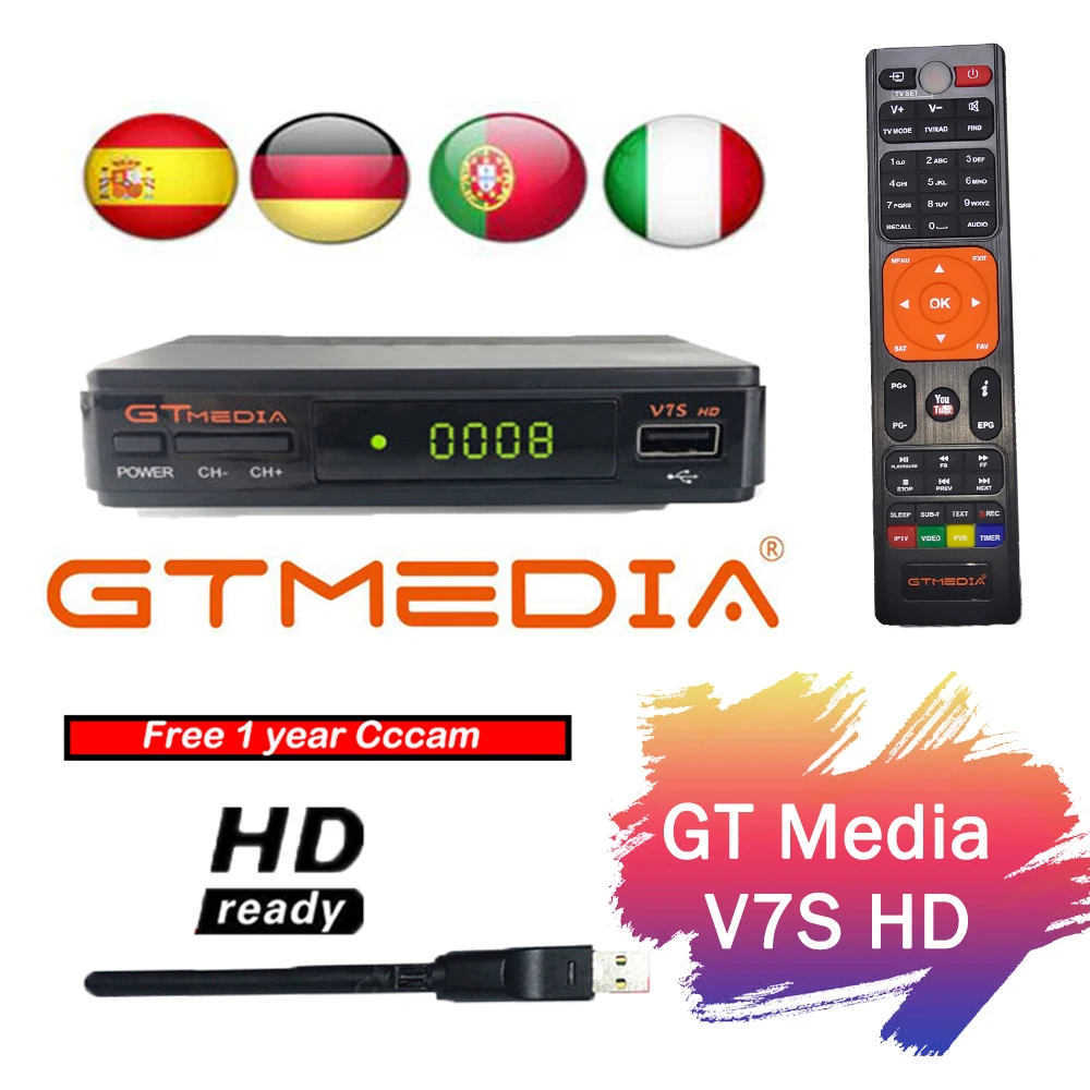 

DVB-S2 Receptor Gtmedia v7s hd power by freesat v7 Satellite Receiver Free USB WIFI with 1 Year Europe CCCAM HD 1080p spain v7s