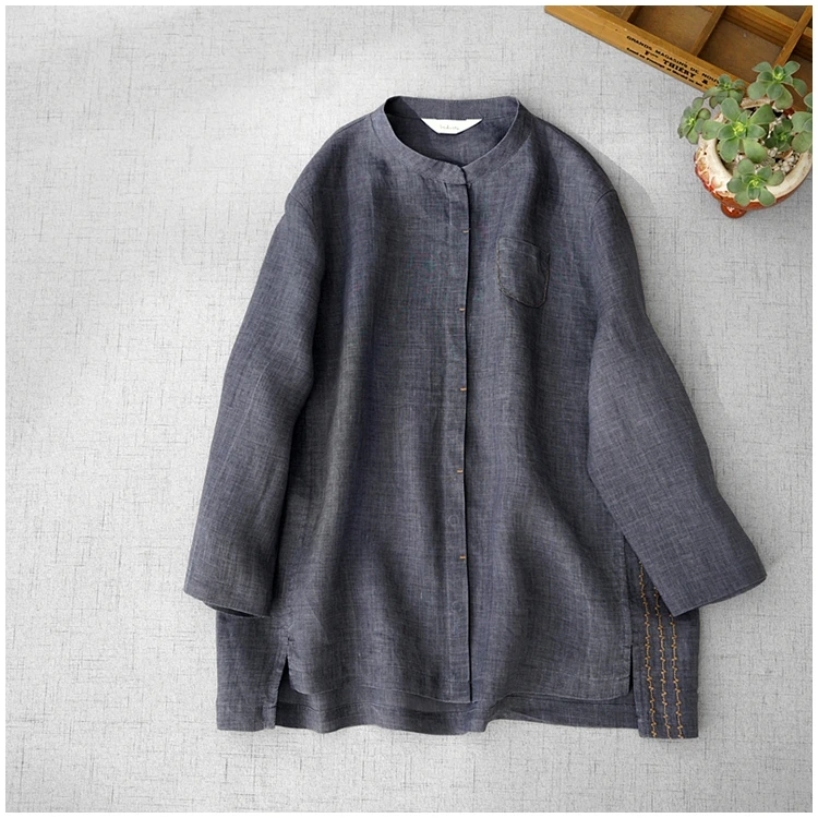 Camisas para Mulheres Roupas de Moda Shuchan Ramie Solto Mulher Estilo Chinês Três Quartos Manga Bolsos O-pescoço Camisas Casuais 2021 10 de moda mulher 2021 estilo chinês três