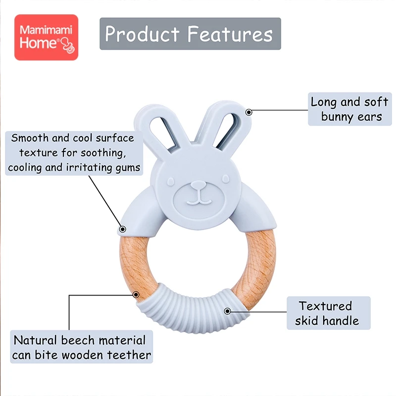 Mamihome Baby Wooden Teether Animal Ring Silicone Rodent Beech Wooden Blank Rabbit Ears baby products Toys Pacifier Pendant Gift