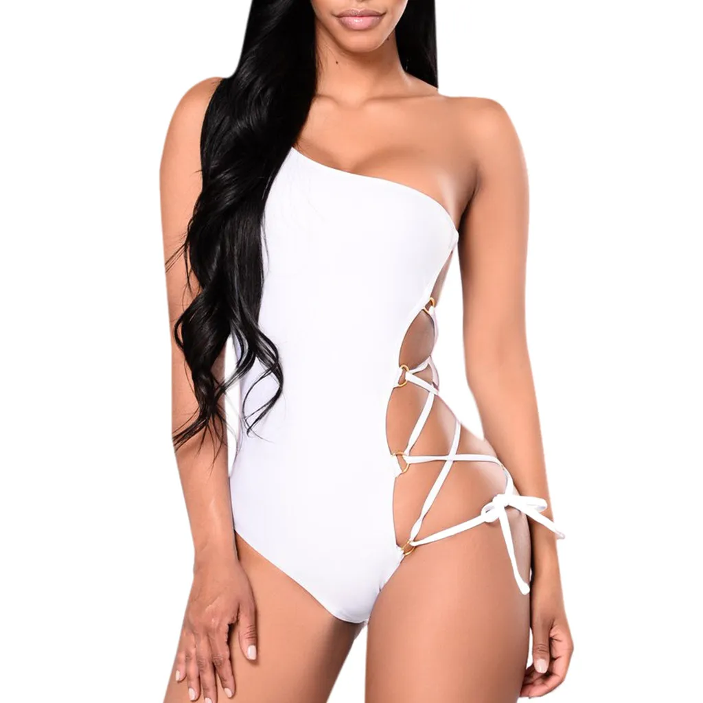 Jaycosin Solid One Piece Swimsuit Hollow One Shoulder Sexy Micro Bikini