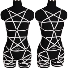 Готический рейв пентаграмма набор ремней для тела танец на шесте Жгут Бюстгальтер белый пентаграмма ноги пояс с резинками, Фетиш бондаж белье клетка для тела