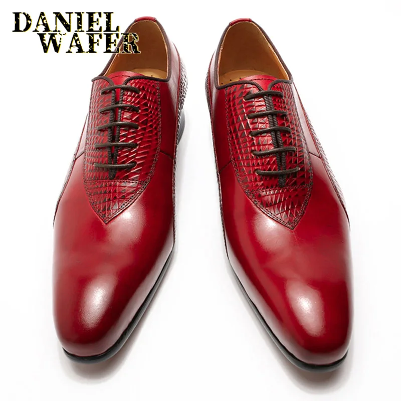 Роскошные мужские кожаные модельные туфли; итальянский дизайн; цвет красный, черный; полированные вручную мужские туфли-оксфорды с острым носком на шнуровке для свадьбы и офиса - Цвет: Red